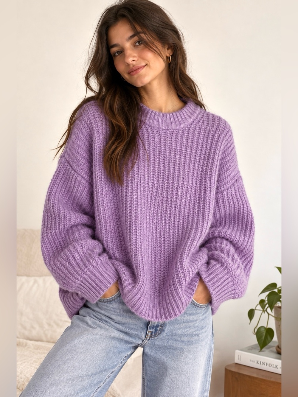 Zara Cozy Oversized Purple Wool Alpaca Blend Chunky Knit Sweater Size Small
